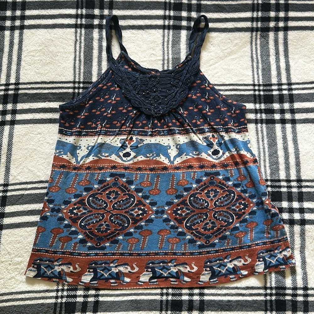 Lucky brand navy blue orange boho beaded camel paisley pattern size small